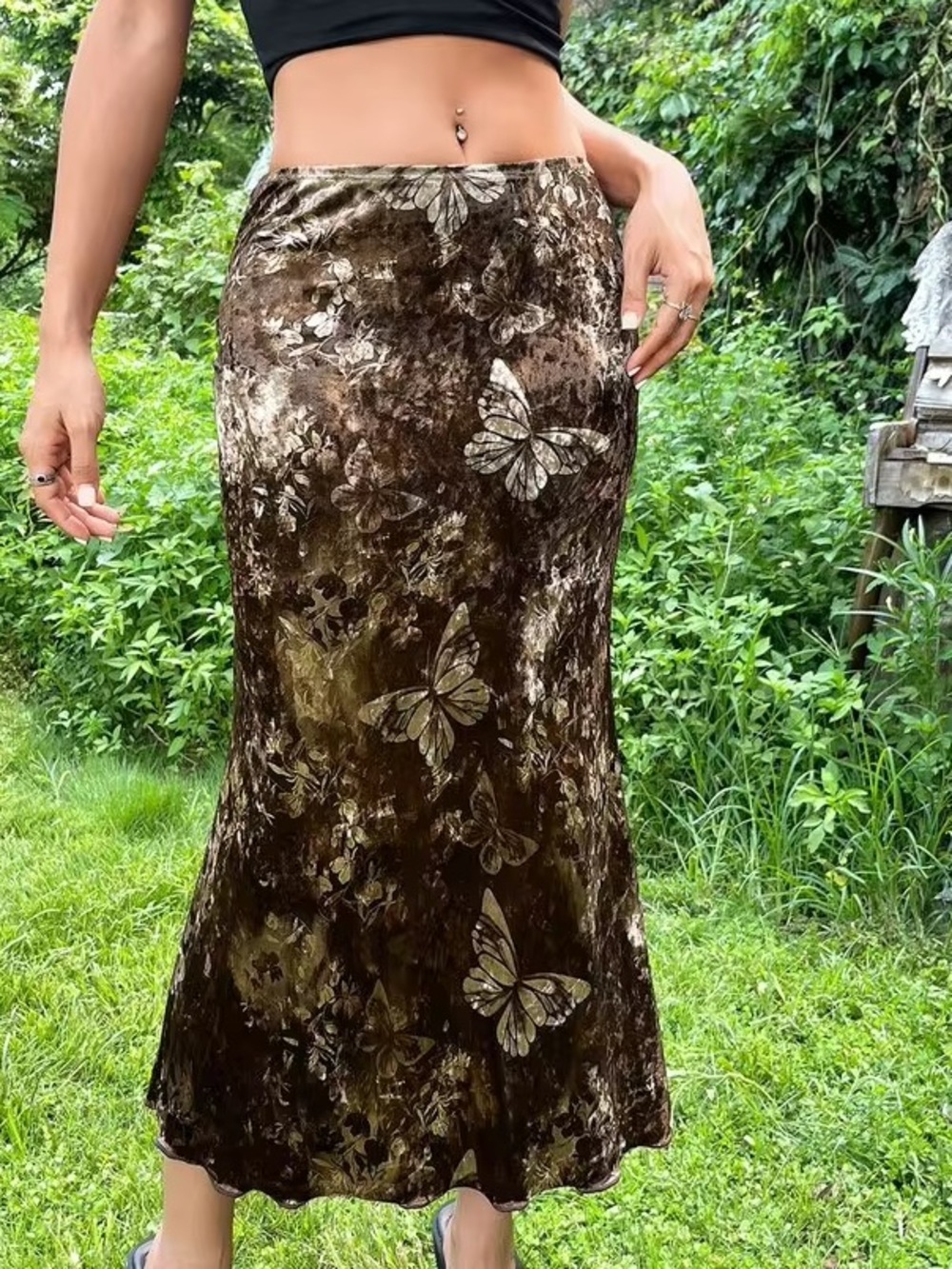 SHEIN Brown Velvet Butterfly-Print Maxi Skirt